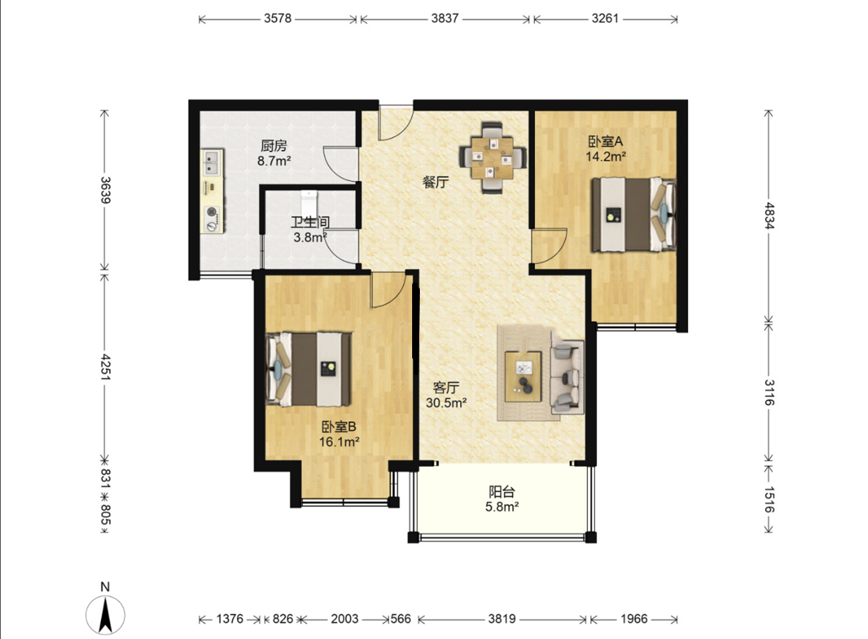 苏建学府雅居 2室1厅1卫 91.38m&sup2;