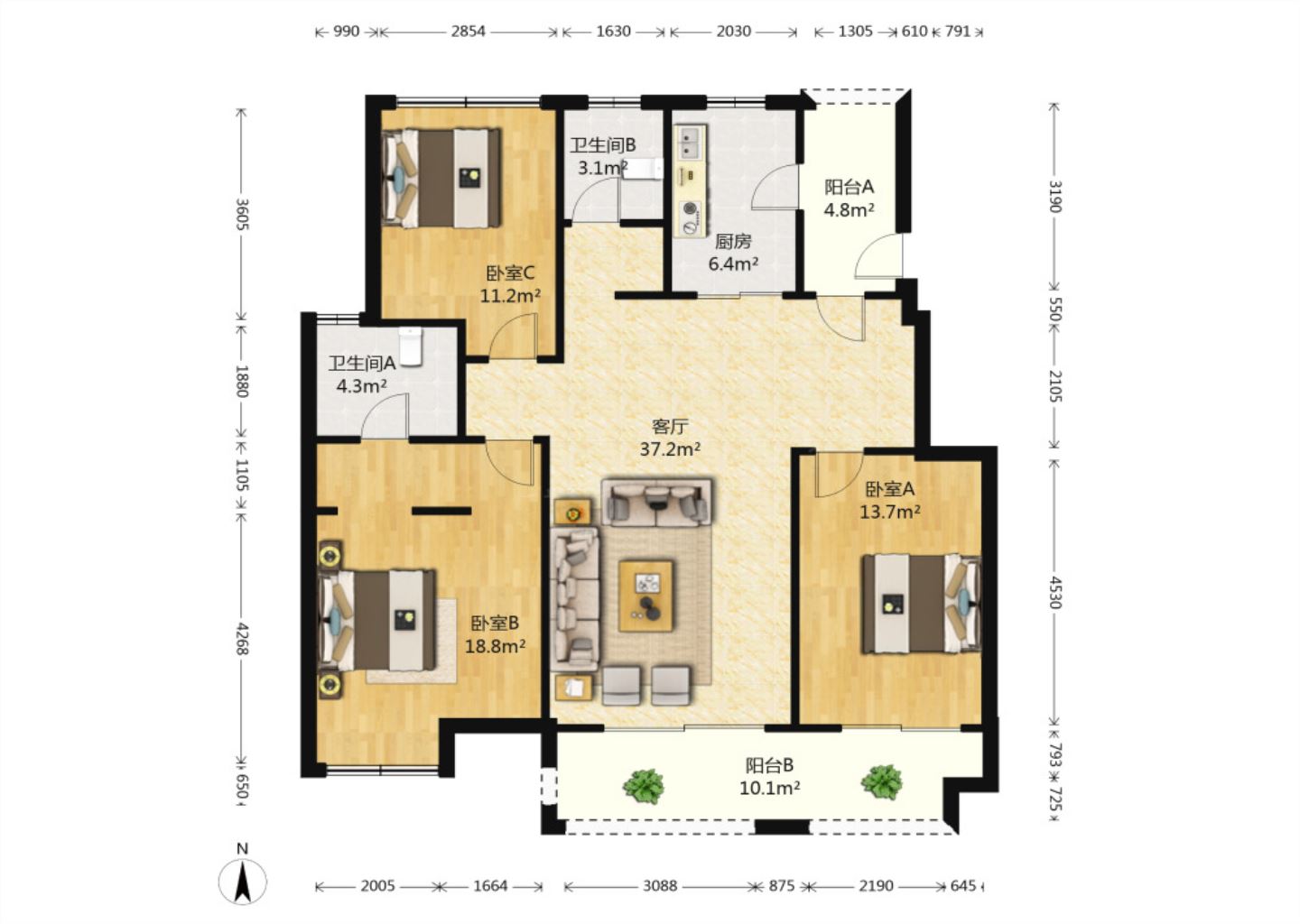 中创大都会 3室2厅2卫 122m&sup2;