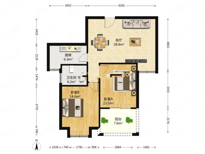 冠城大通棕榈湾 2室2厅1卫 88m&sup2;