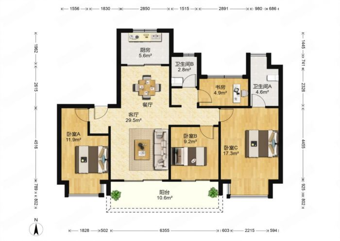 红星天铂 3室2厅2卫 128m&sup2;