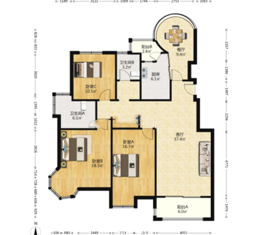 优山美地花园北区 3室2厅2卫 141m&sup2;