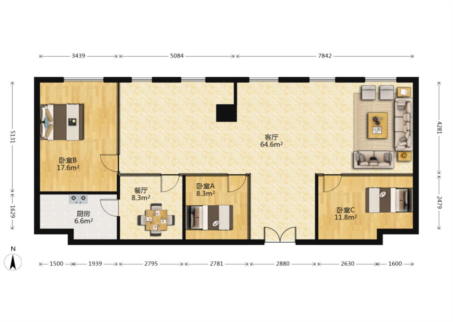 中南世纪城北区 2室1厅1卫 84m&sup2;