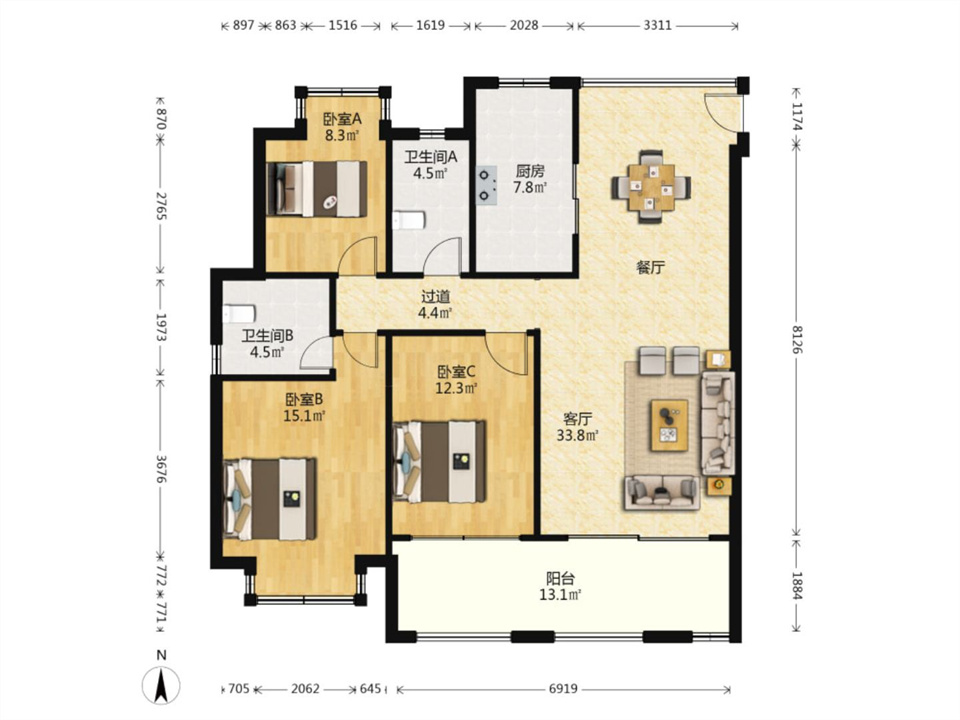 华强城 3室2厅2卫 128m&sup2;