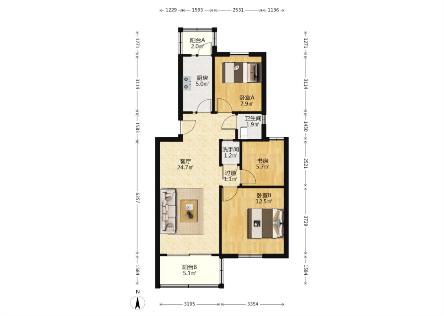 郭里园 3室1厅1卫 80.14m&sup2;