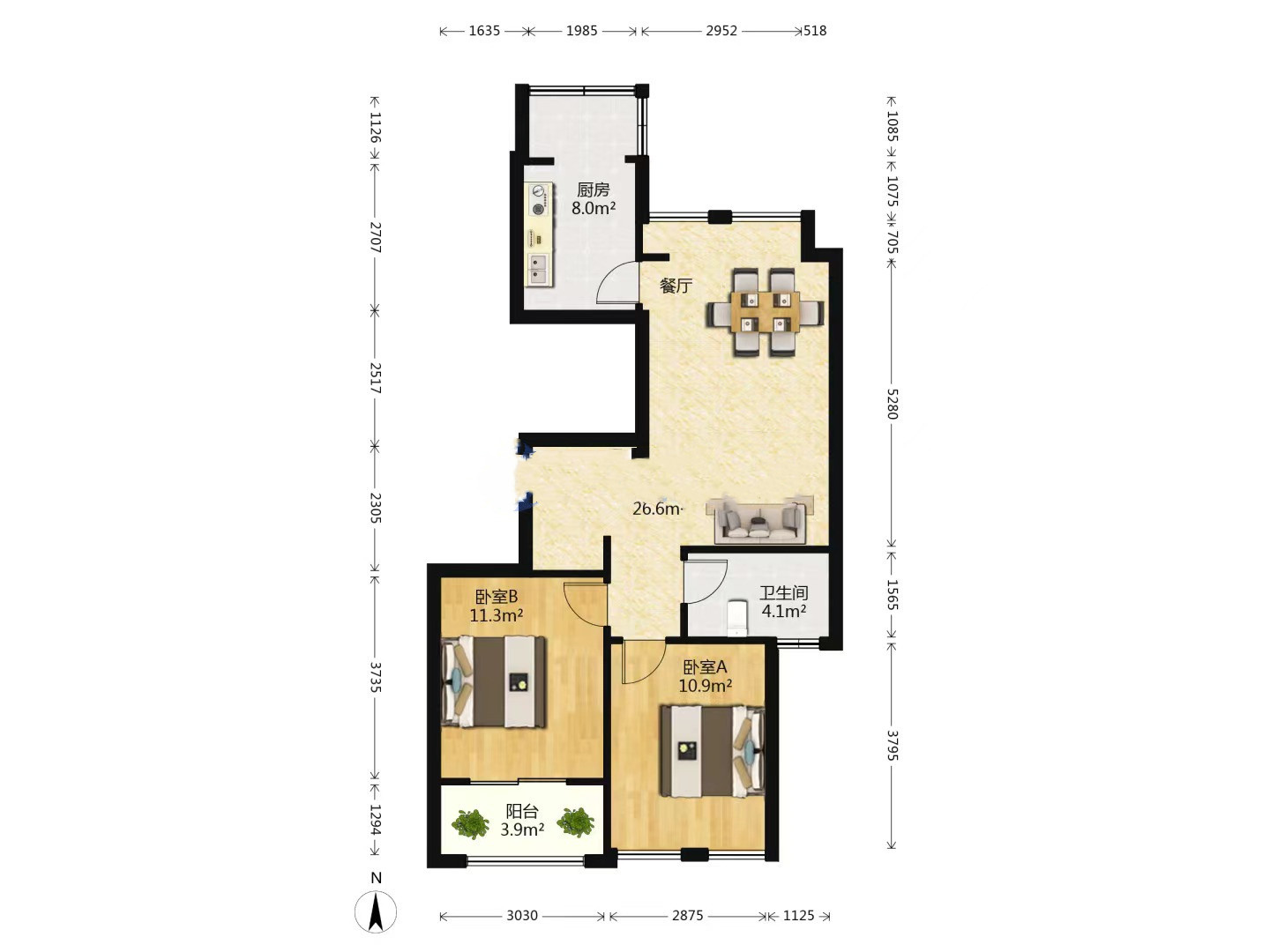 同和嘉苑北区 2室1厅1卫 89.6m&sup2;