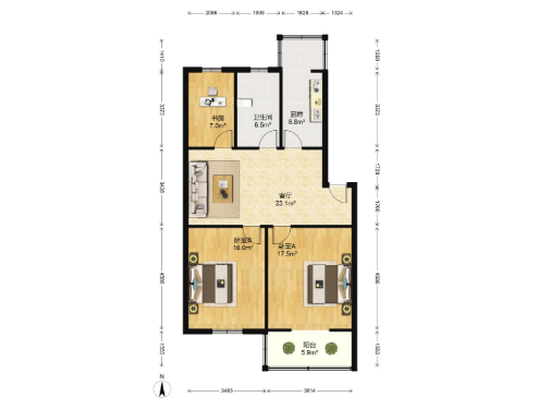 滨河东城 2室2厅1卫 90m&sup2;
