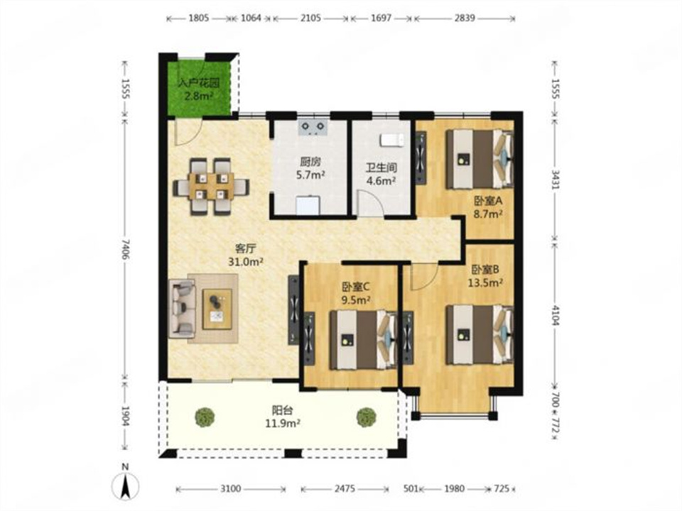 华强城四期 3室2厅1卫 109.00m&sup2;