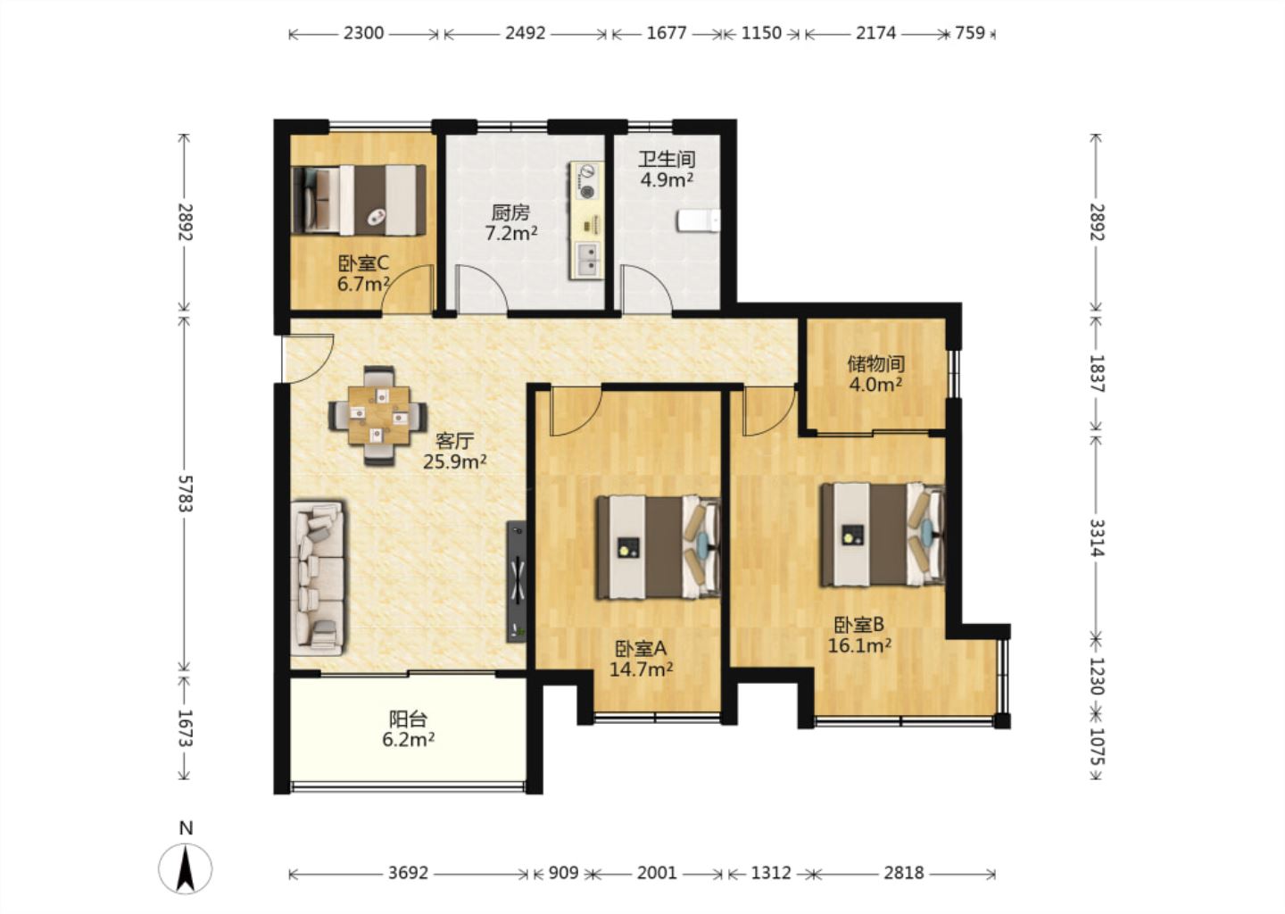 万达华府 3室1厅1卫 108.73m&sup2;