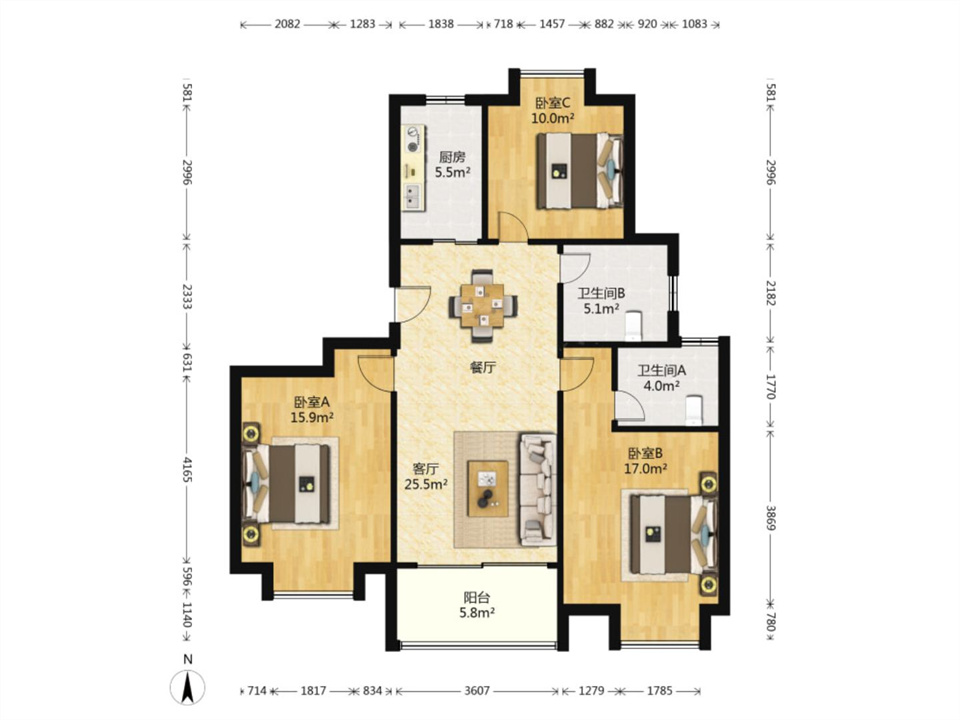 皇家花园北区 3室2厅2卫 117.56m&sup2;
