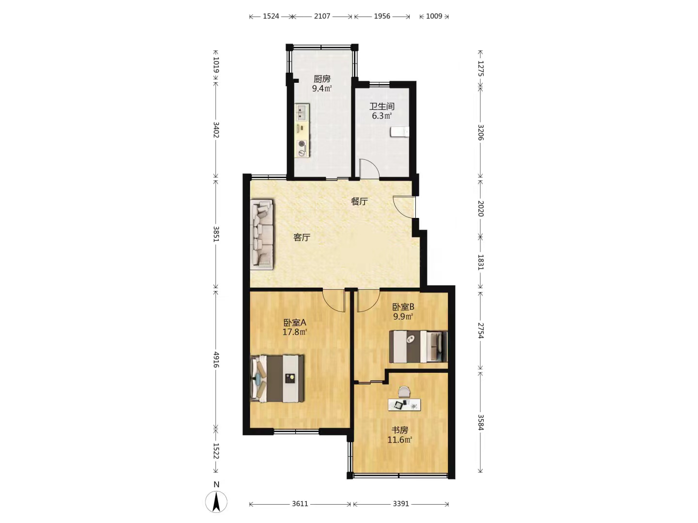 和盛林荫水岸 2室2厅1卫 95m&sup2;
