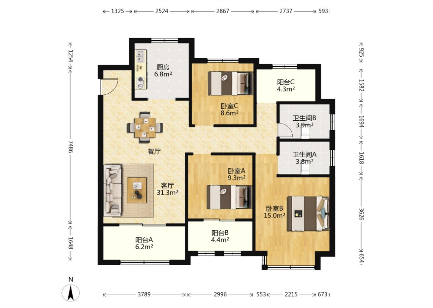美佳盛庭 3室2厅2卫 127m&sup2;