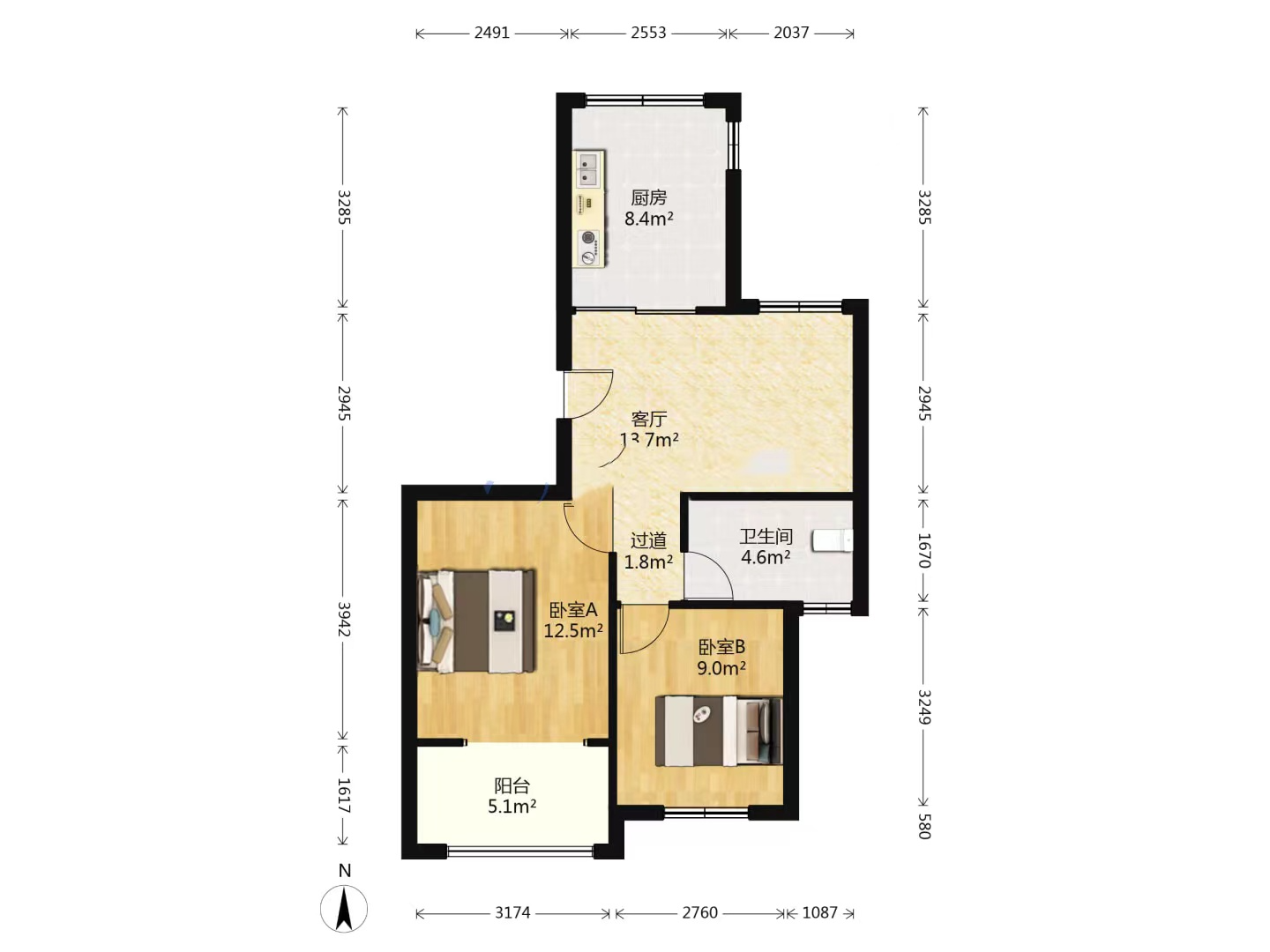 百花馨苑 2室1厅1卫 83m&sup2;