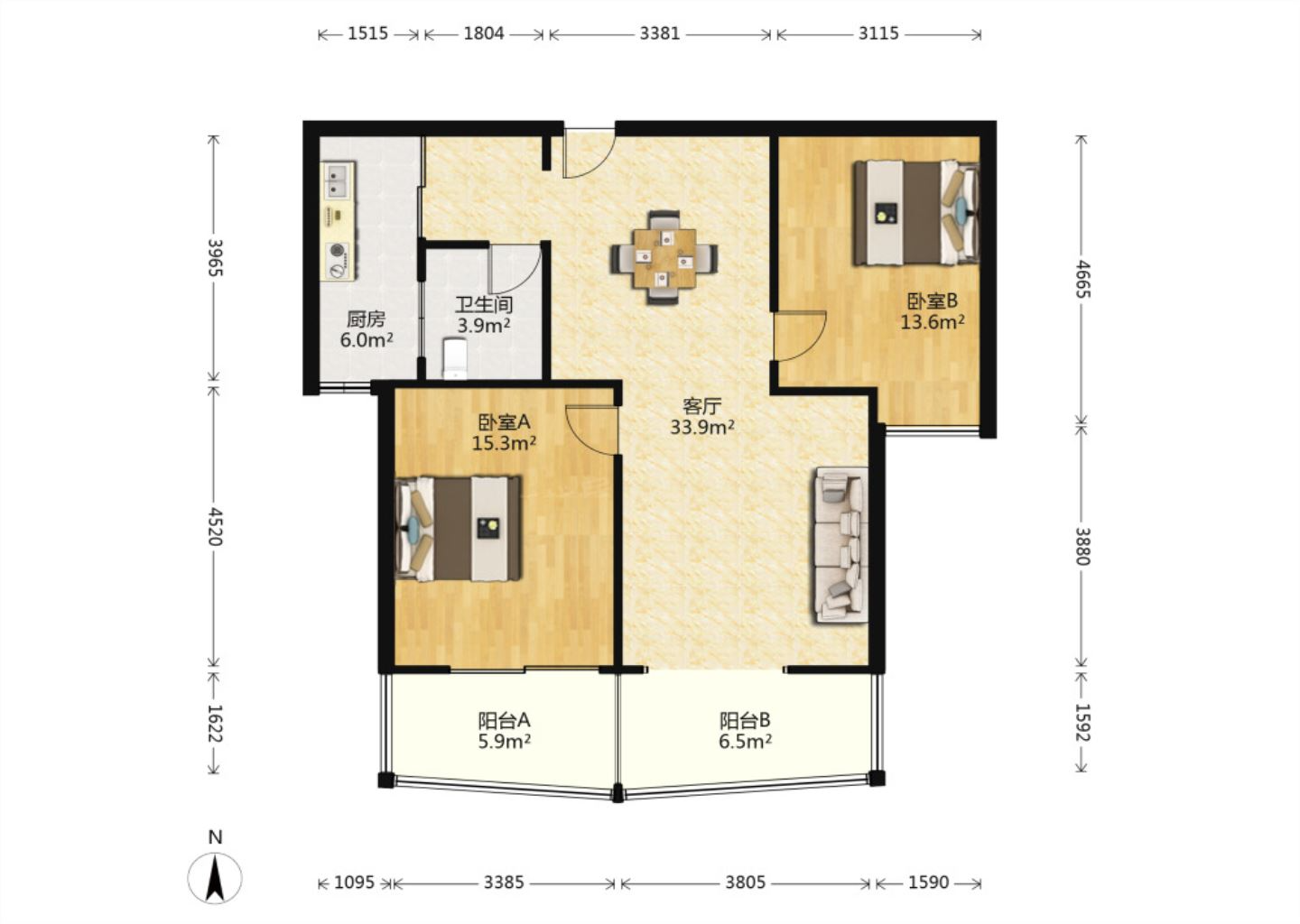 中南世纪城北区 2室2厅1卫 105m&sup2;