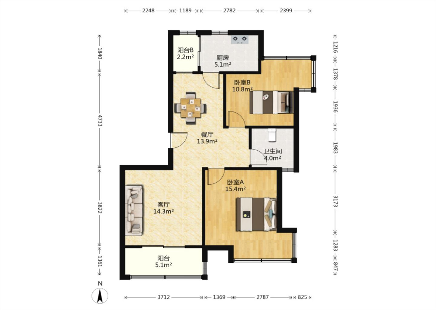 中港城 2室2厅1卫 87.7m&sup2;