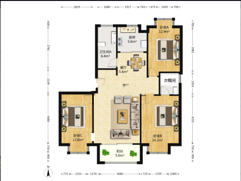尚海湾 3室2厅2卫 136.00m&sup2;