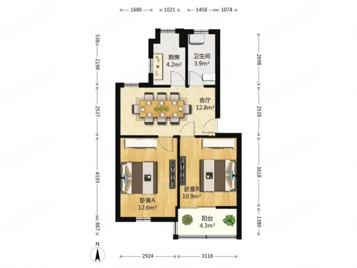 中南苑 2室1厅1卫 61.8m&sup2;