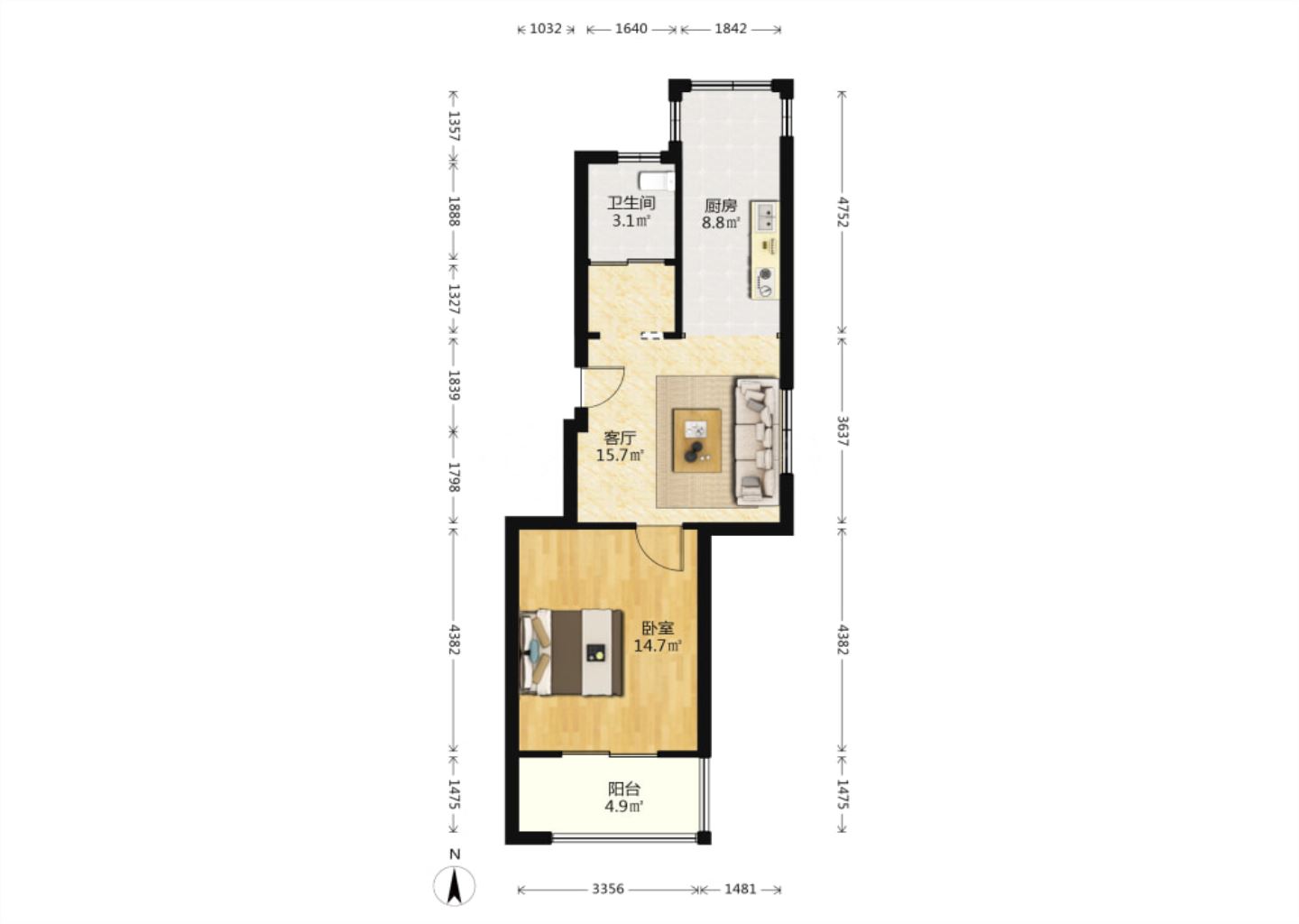 紫东南苑南区 1室1厅1卫 61.87m&sup2;