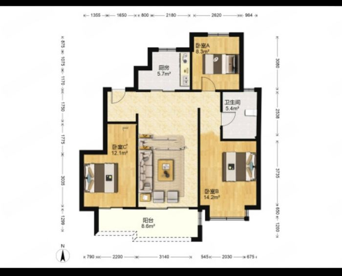 万科翡翠公园 3室2厅1卫 98.00m&sup2;
