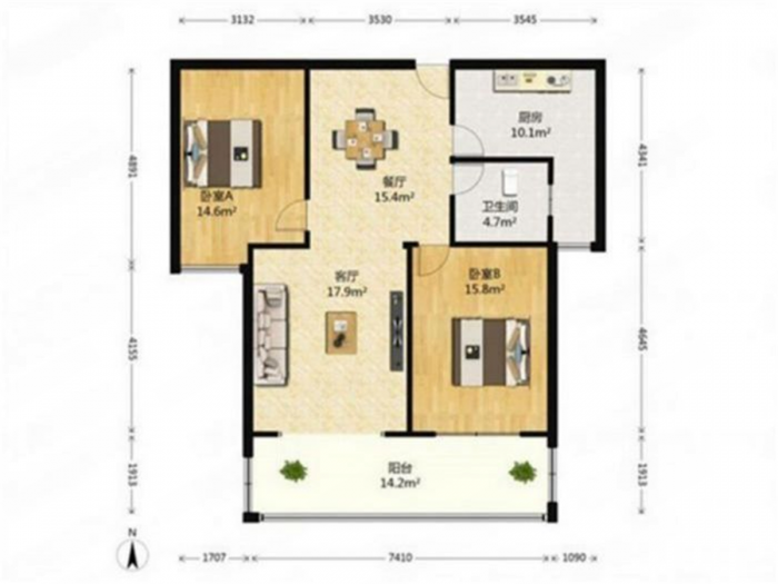 中南世纪城北区 2室2厅1卫 105m&sup2;