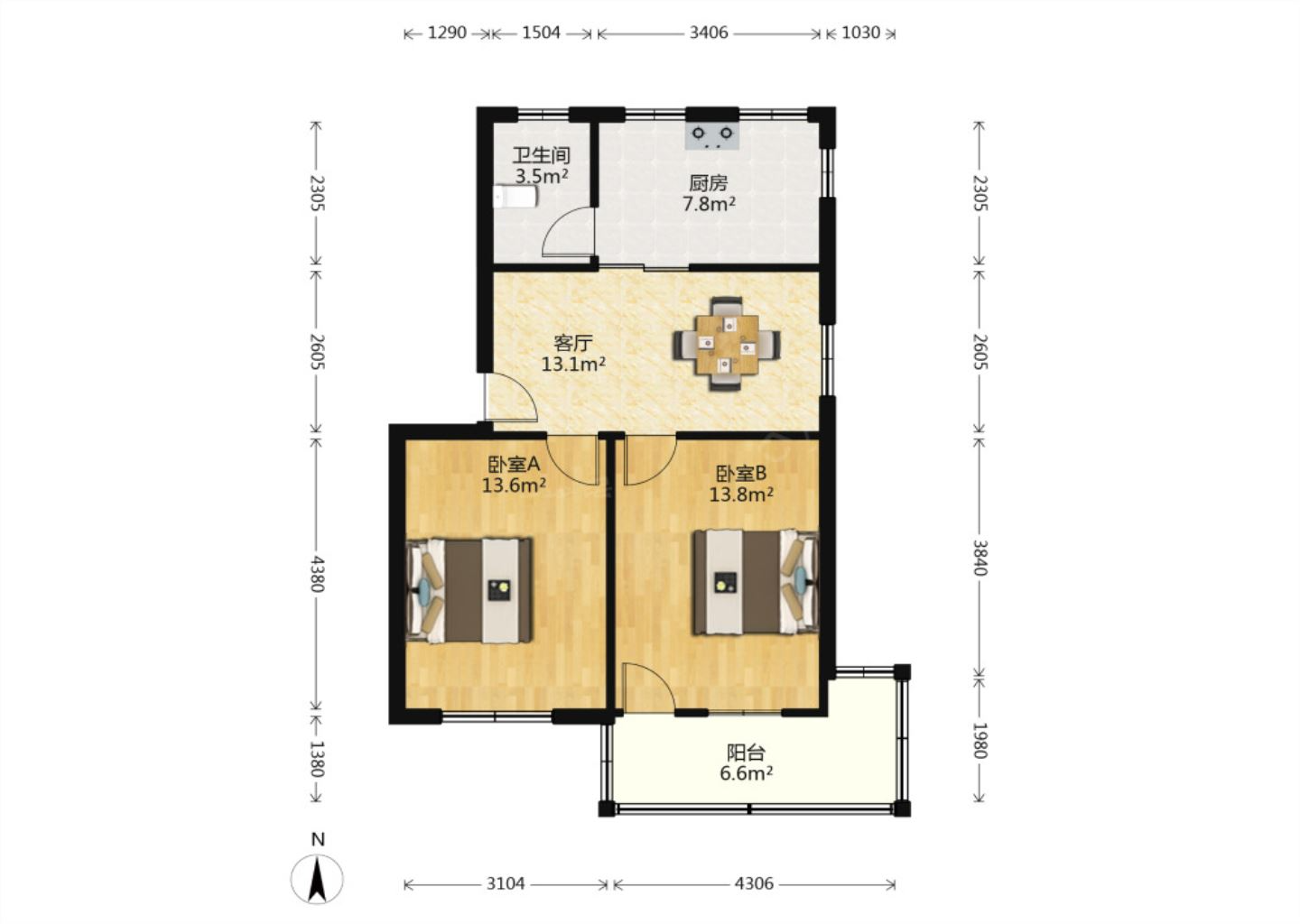 方大花苑 2室2厅1卫 72.42m&sup2;