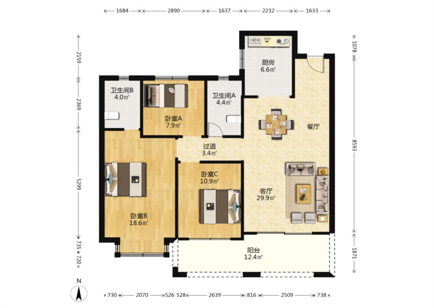 华强城 3室2厅2卫 123.89m&sup2;