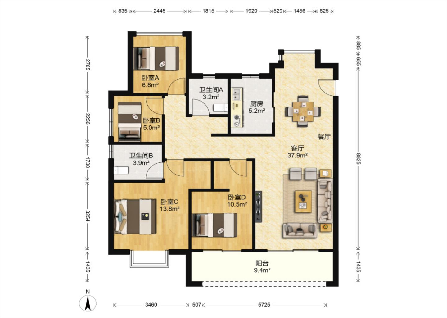 时光漫城 4室2厅2卫 125m&sup2;
