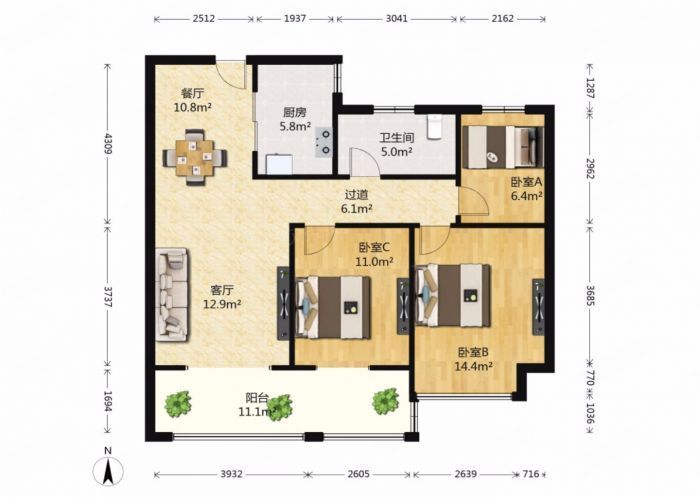 万濠星城 3室1厅1卫 96m&sup2;
