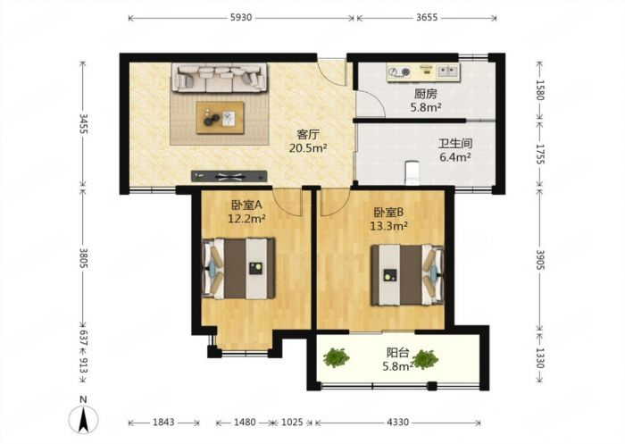 融悦华庭 2室2厅1卫 87.07m²