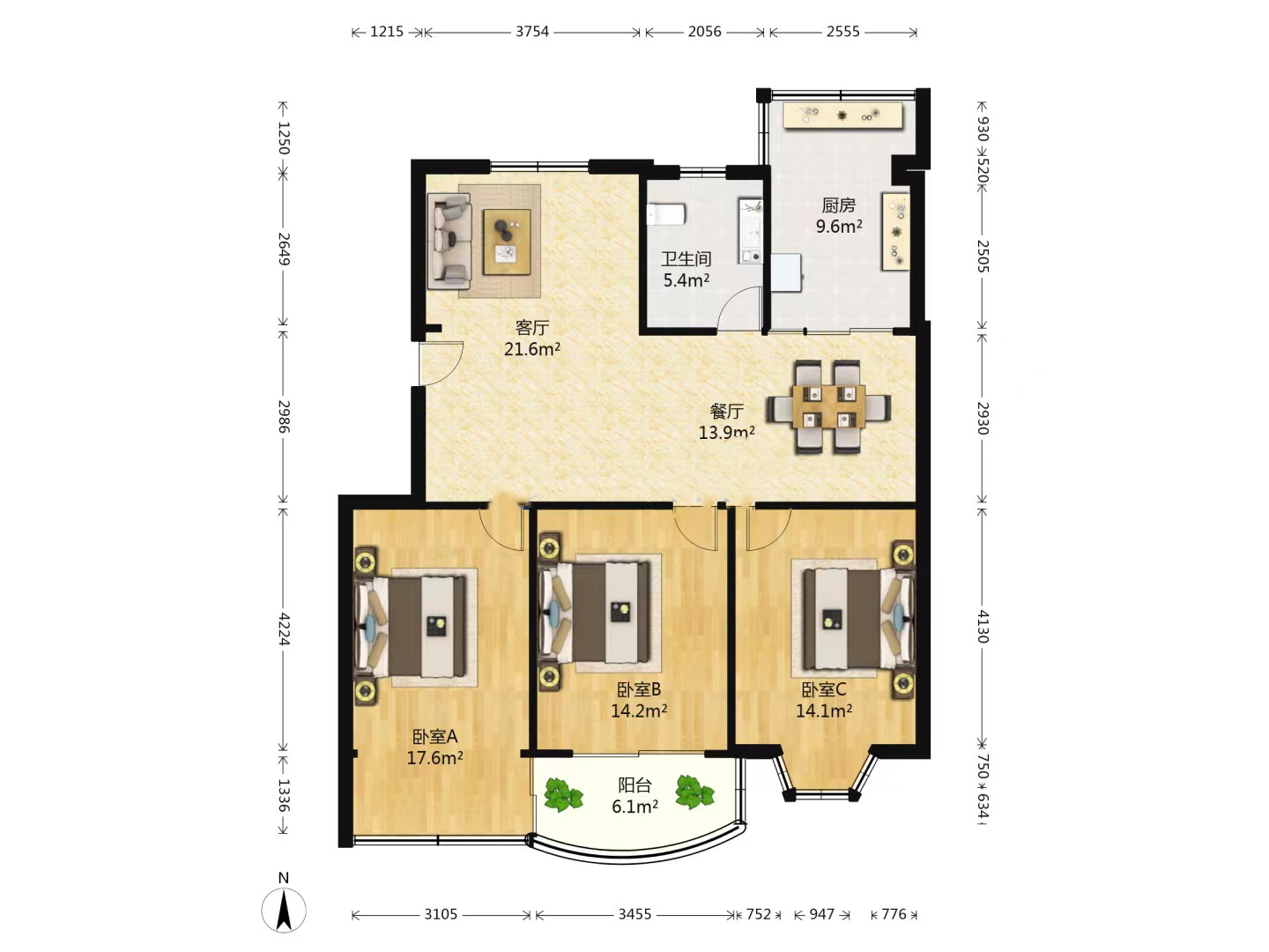 锦绣花园 3室2厅1卫 122.42m&sup2;