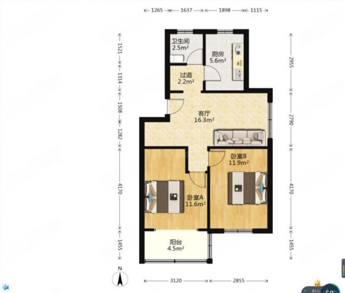 外滩小区 2室1厅1卫 69.00m&sup2;