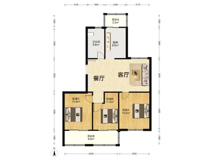 景明花苑 3室2厅1卫 126m&sup2;