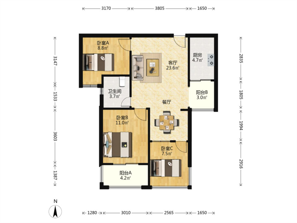 华强城 2室2厅1卫 84m&sup2;