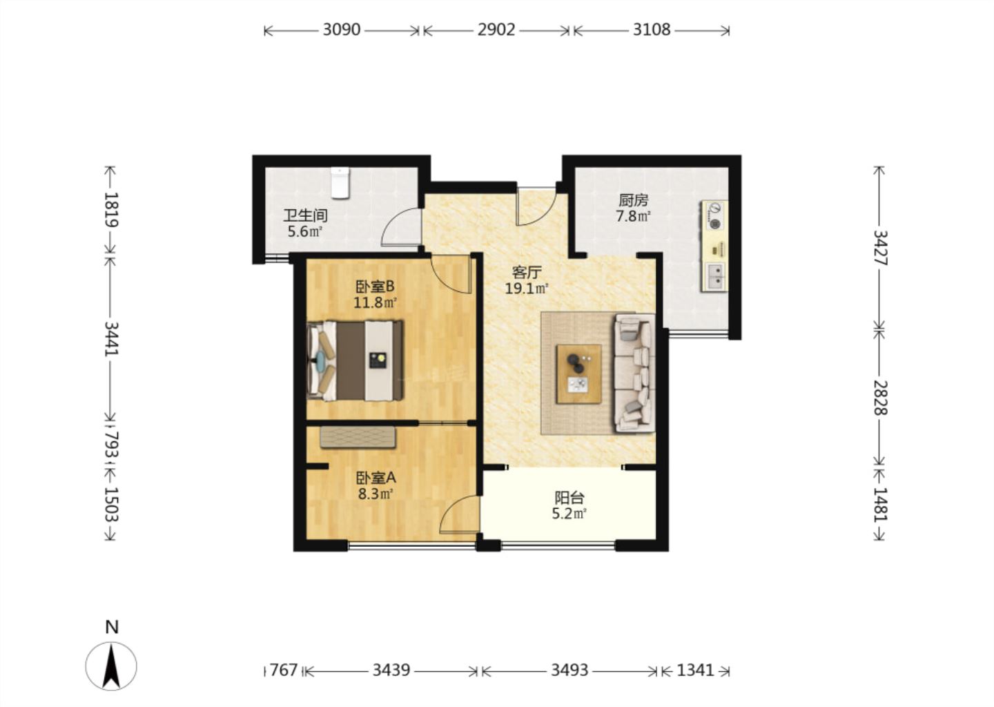 竹韵花园 2室1厅1卫 70m&sup2;