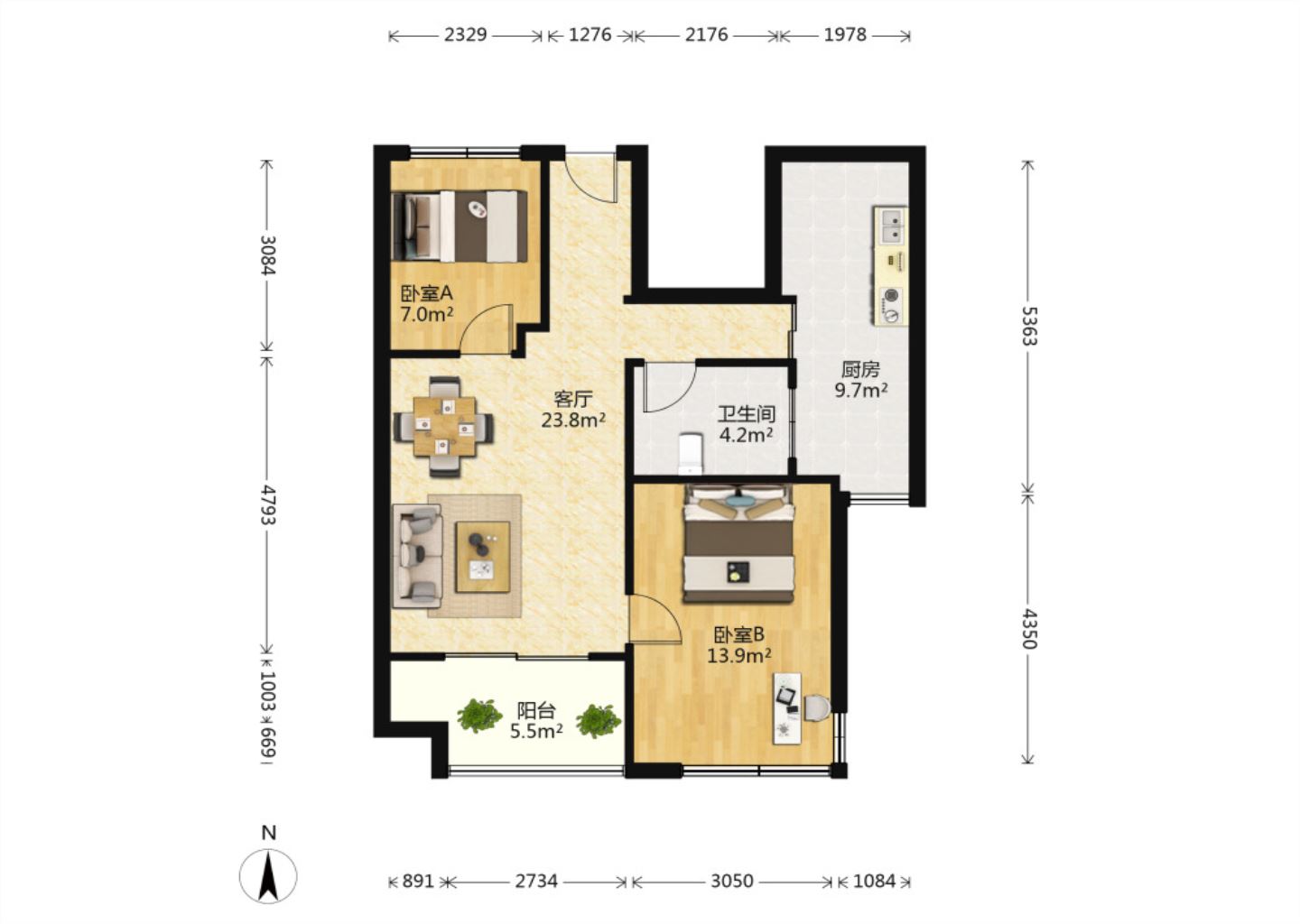 万通城 2室2厅1卫 74.00m&sup2;
