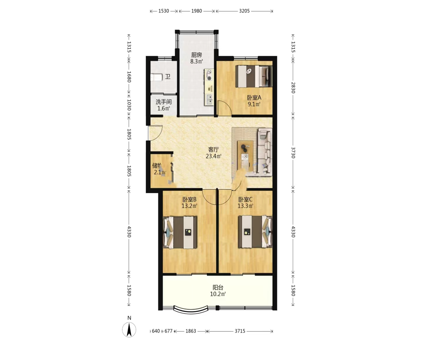 朝晖花园 3室1厅1卫 100.51m&sup2;
