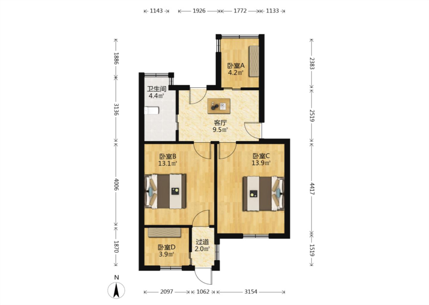 白家园 2室1厅1卫 65.4m&sup2;