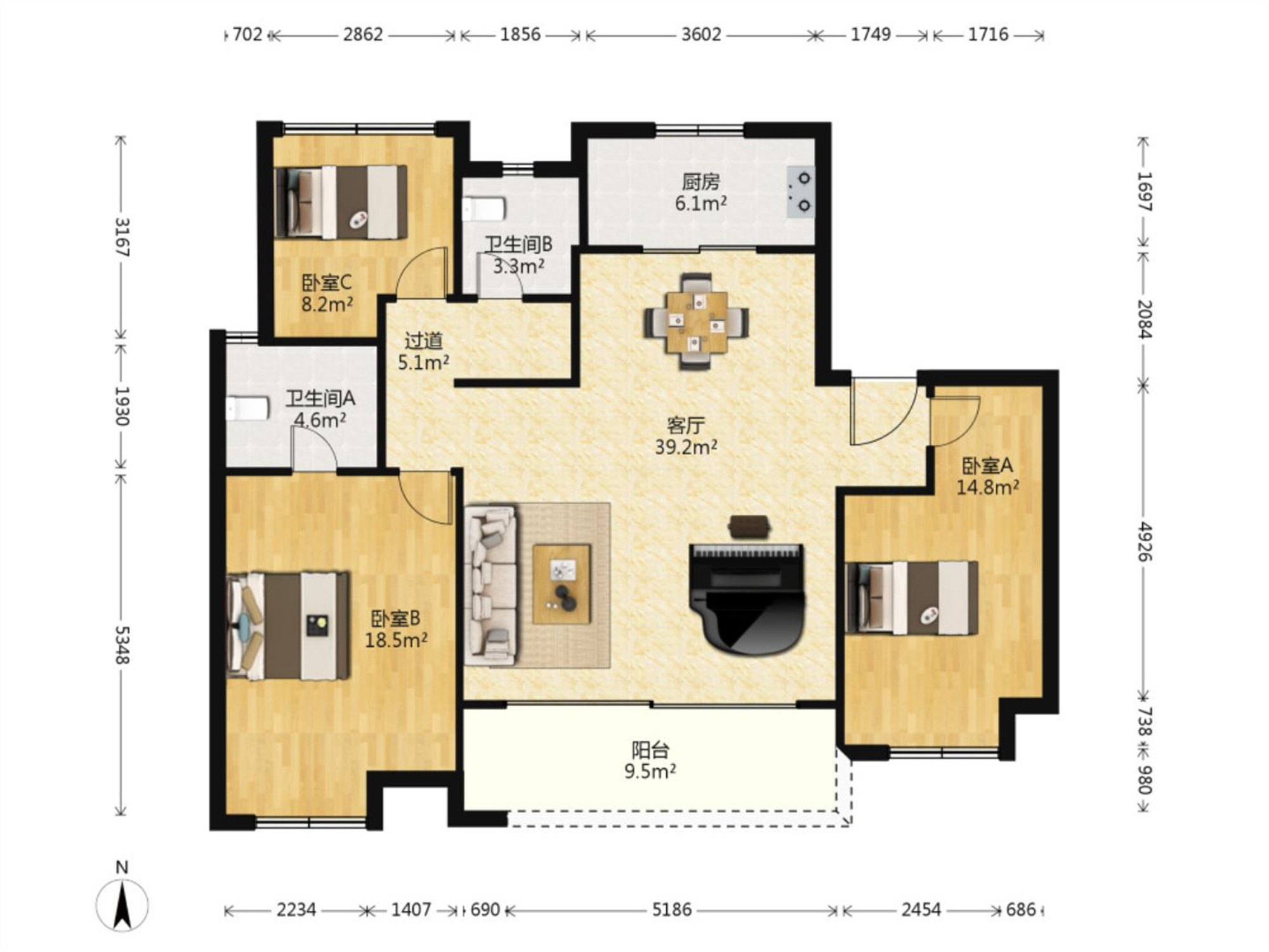 万科翡翠东第 3室2厅2卫 129m&sup2;
