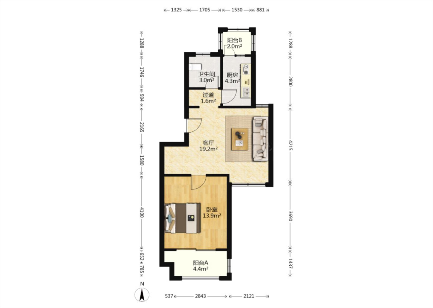 陆洪小镇街区 1室1厅1卫 60.1m&sup2;