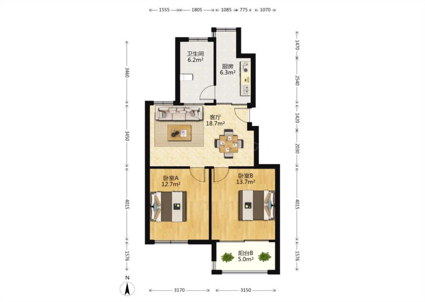 观河华府 2室1厅1卫 80.00m&sup2;