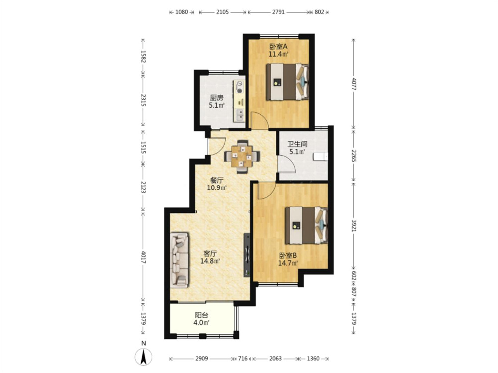 金鼎湾花园 2室2厅1卫 86m&sup2;