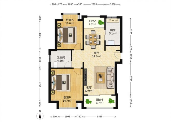 尚海湾 2室2厅1卫 105.00m&sup2;