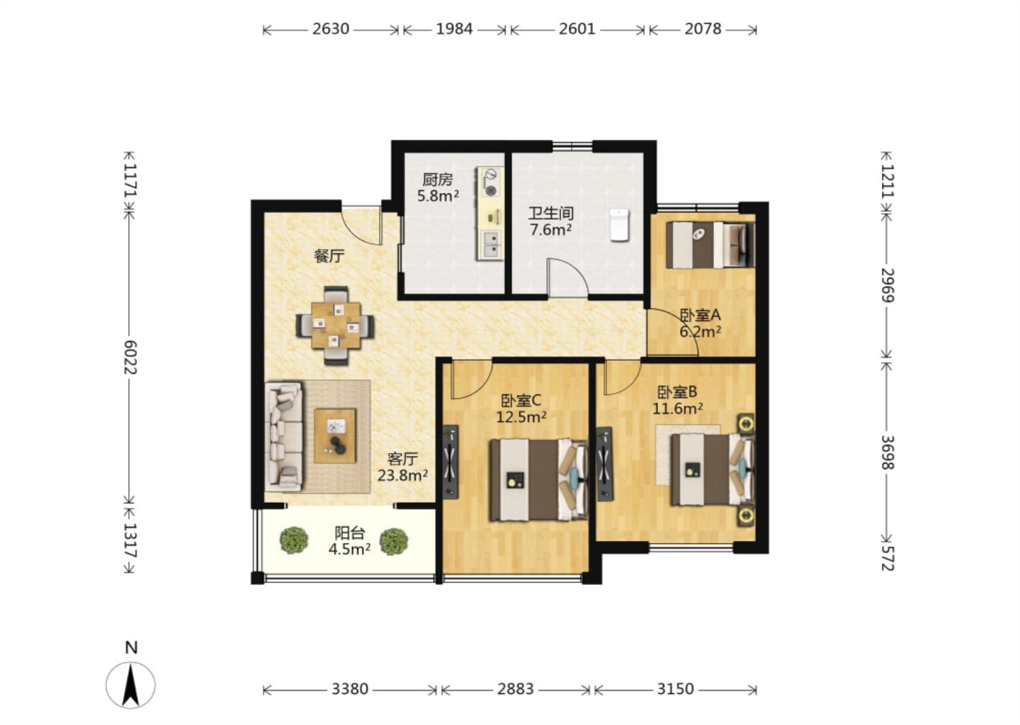 御景澜庭 3室2厅1卫 88.00m&sup2;