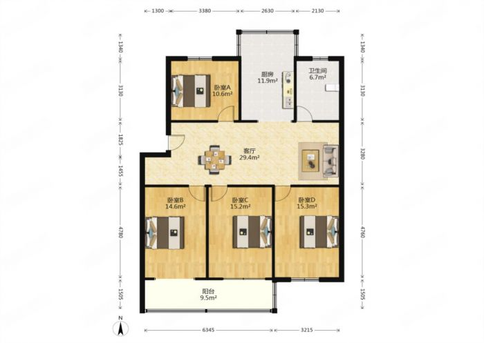 怡园北村北区 4室1厅1卫 125.00m&sup2;