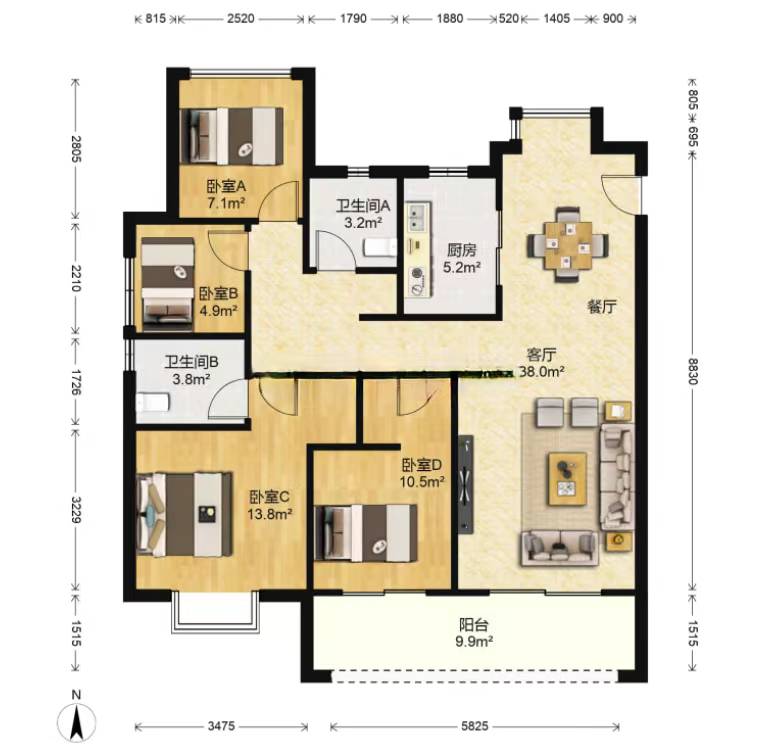 时光漫城 3室2厅2卫 125.00m&sup2;