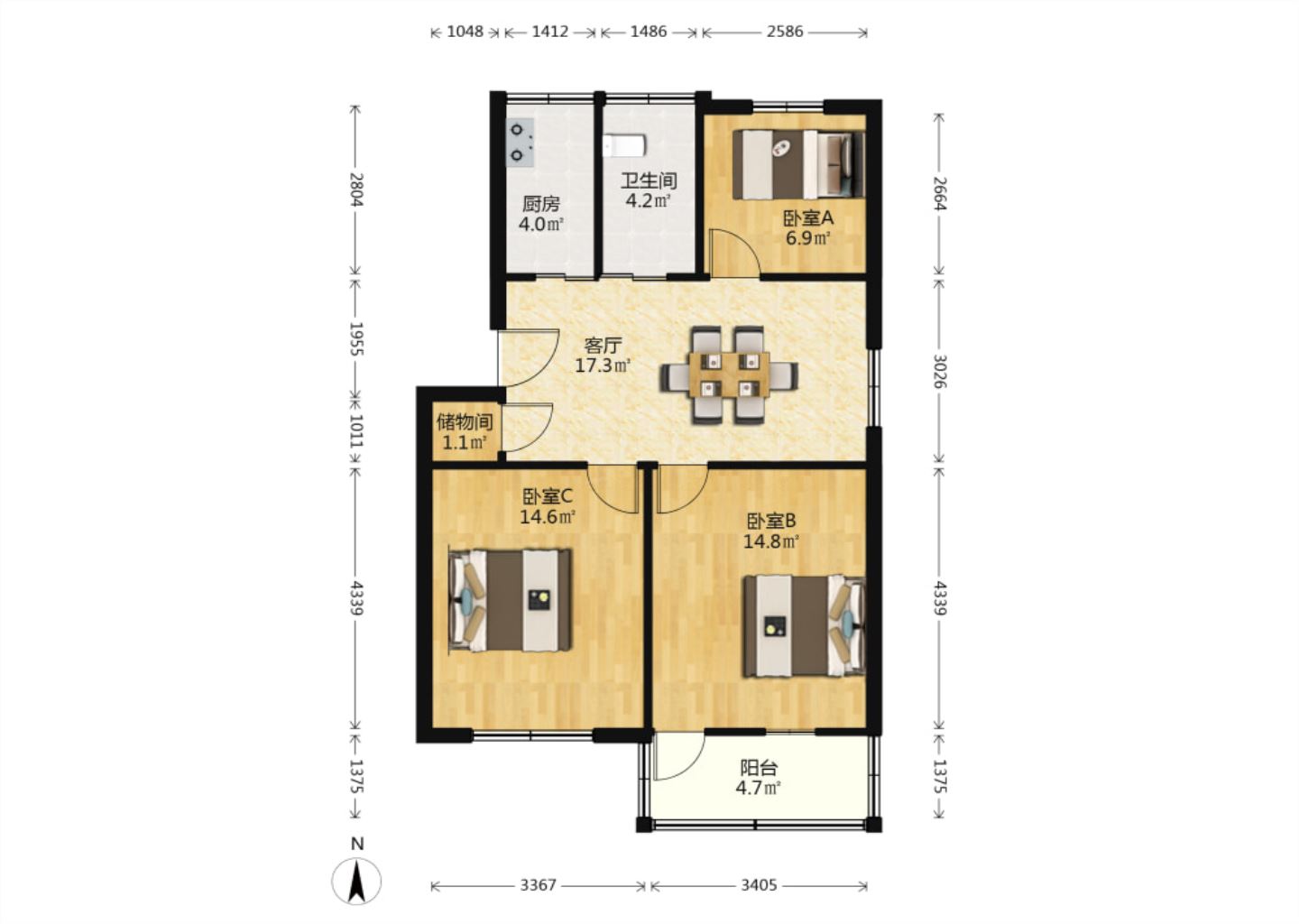 郭里园 3室1厅1卫 83.25m&sup2;