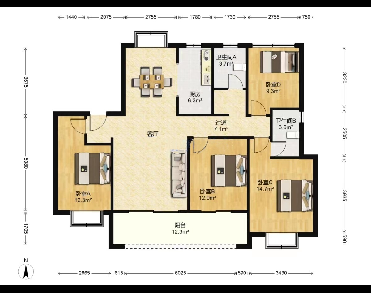 春风南岸东园 4室2厅2卫 136.14m&sup2;