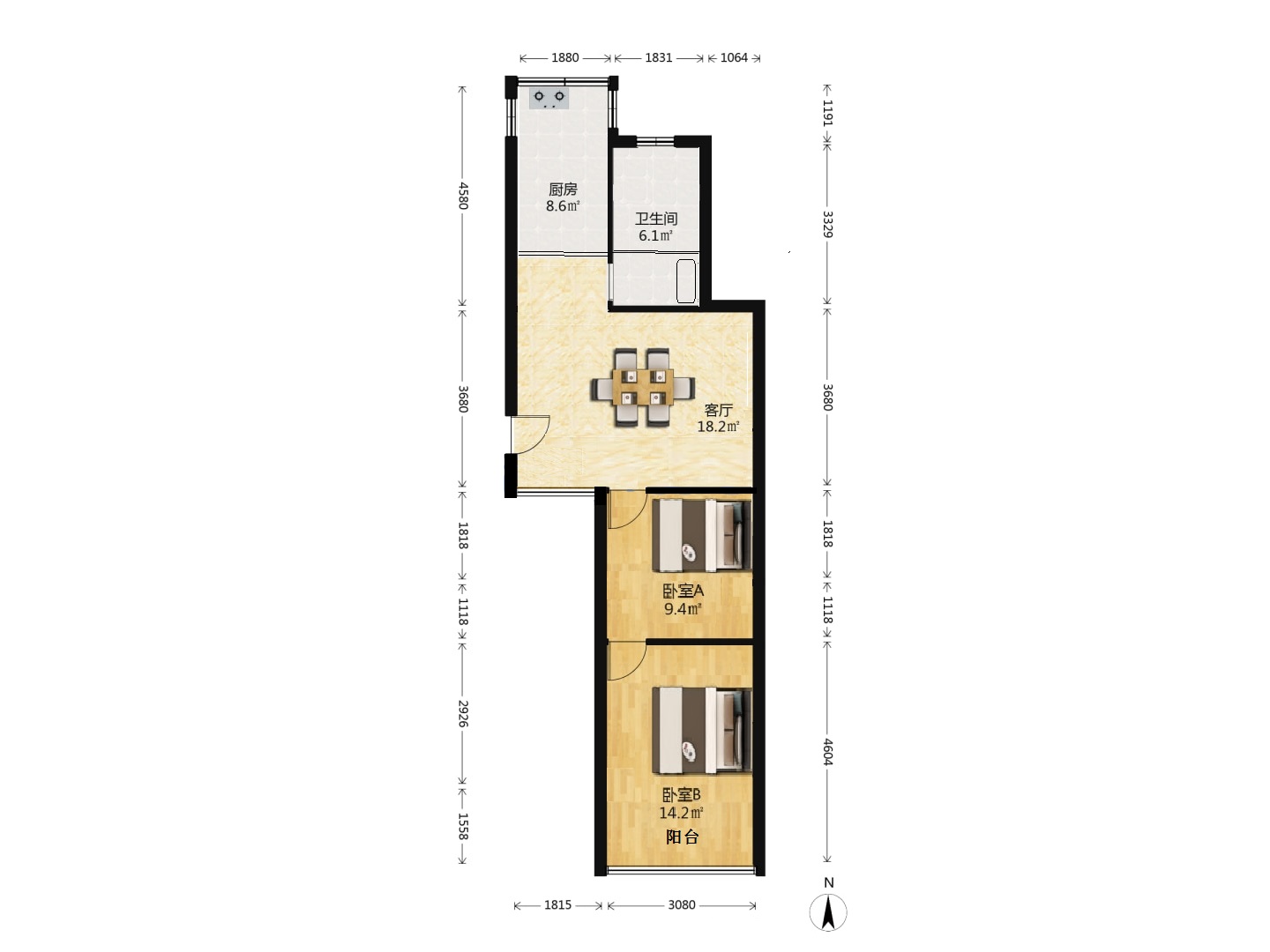 天一裕景苑 2室2厅1卫 88m&sup2;