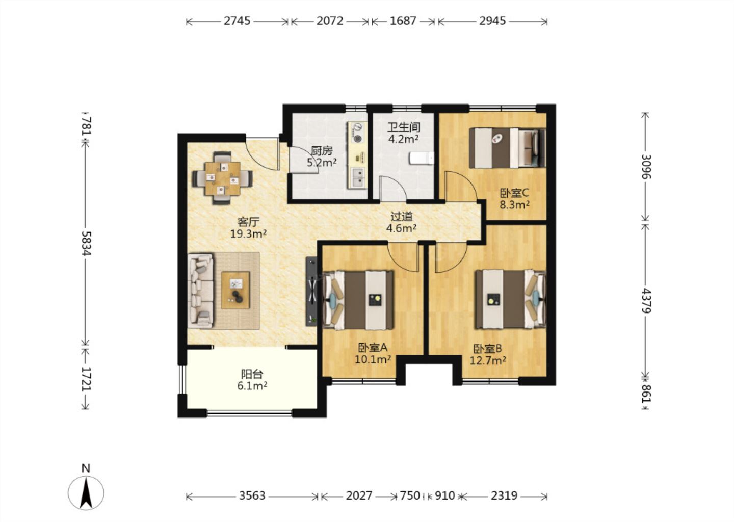 新城香溢紫郡 3室1厅1卫 88.00m&sup2;