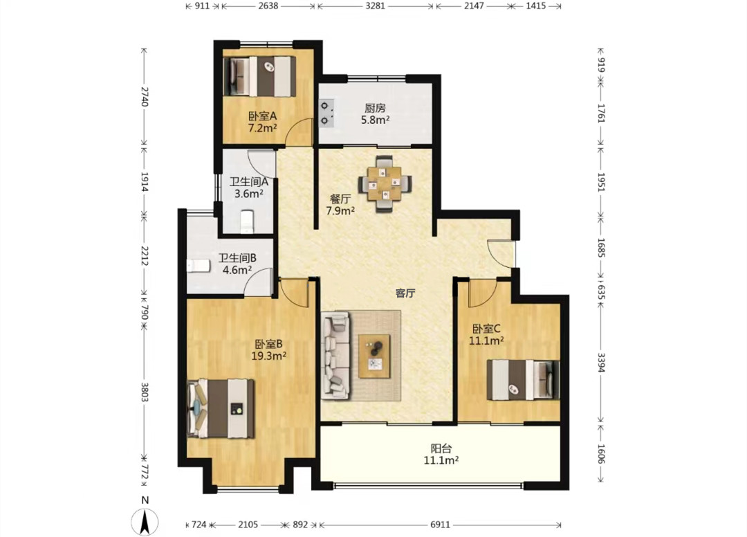 中海翠湖溪岸 3室2厅2卫 128.86m&sup2;