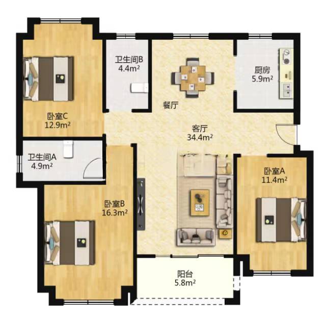 南通雅居乐花园 3室2厅2卫 127m&sup2;